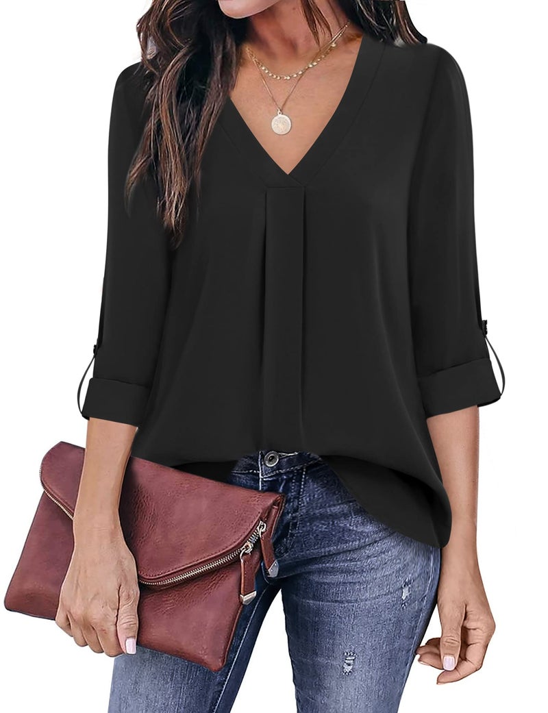 Youtalia Chiffon Blouses for Women Work, Ladies Cuffed Sleeve Shirts V Neck Curved Hem Flowy Tops (X-Large, Black) - Image 2